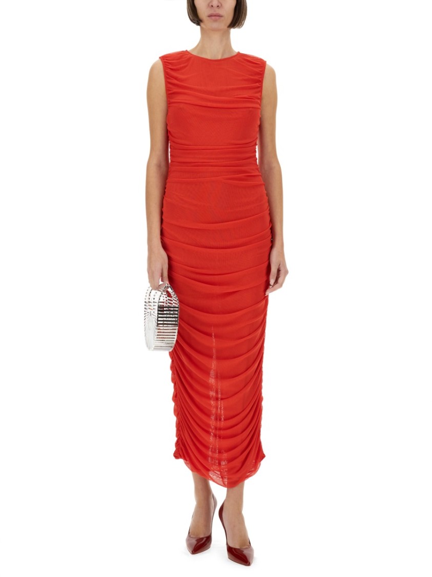 Rotate Birger Christensen Gathered Detail Mesh Midi Dress In Red