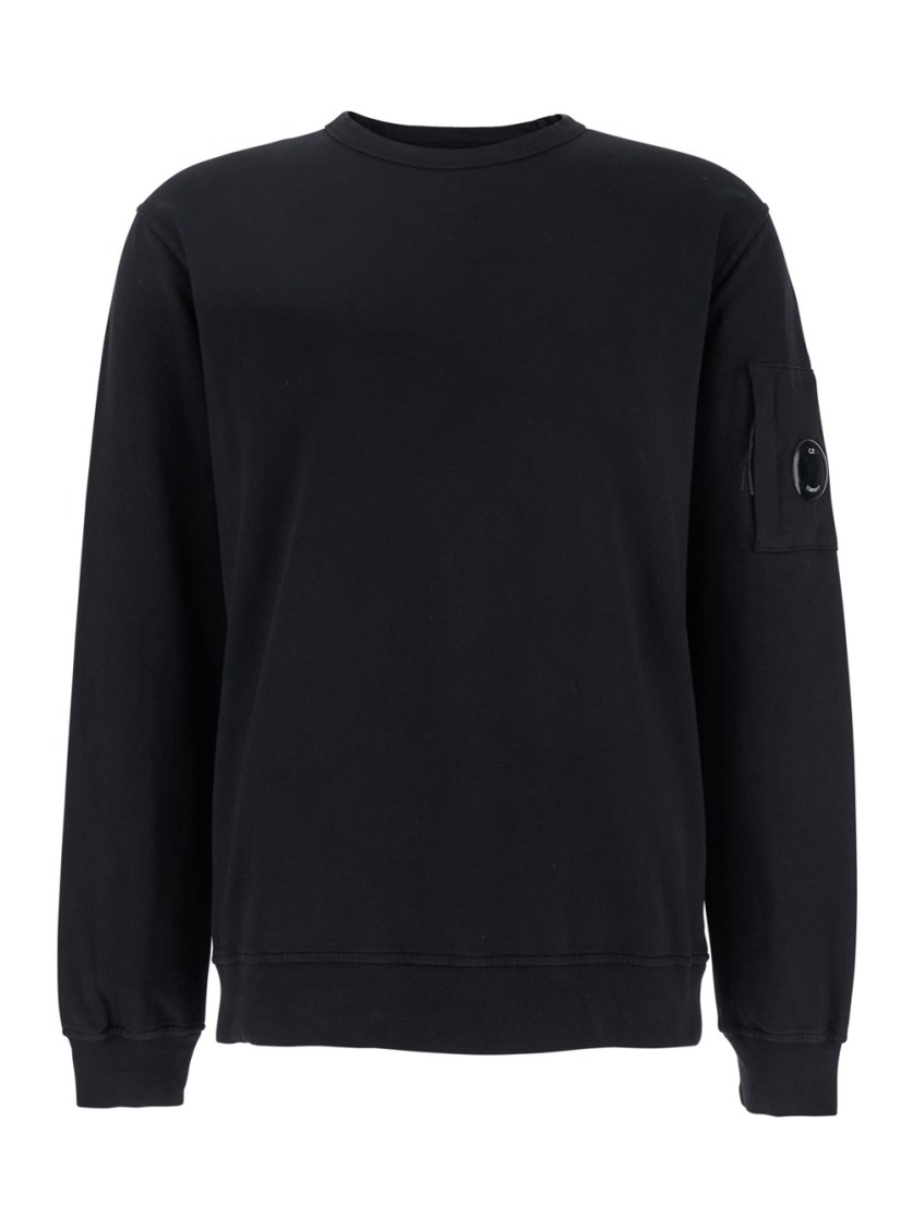 C.p. Company Crewneck Sweatshirt In Cotton Diagonal Raised Fleece Lens In Black