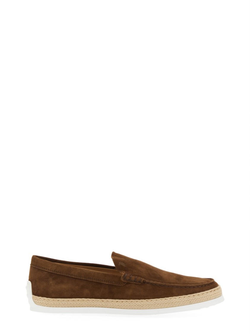 Tod's Suede Loafers With Round Toe And Braided Jute Sole In Black
