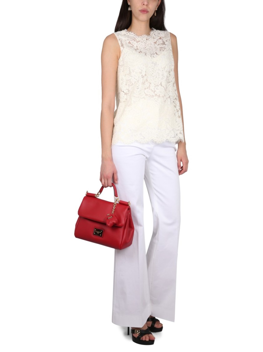 Dolce & Gabbana Logoed Stretch Lace Top In White