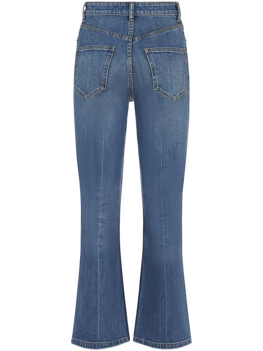 Tory Burch Cropped Flare Jeans With Classic Blue Wash And Five-pocket Design In Blue