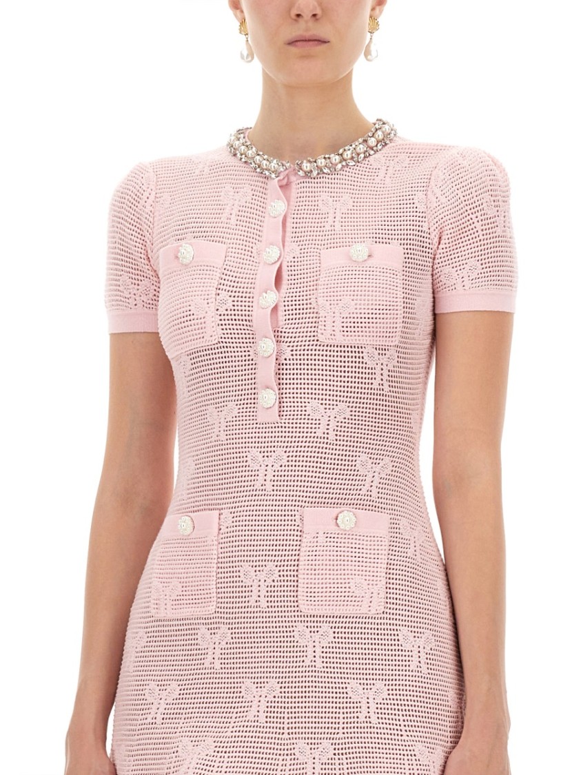 Self-portrait Mini Crochet Dress With Textured Bows In Brown