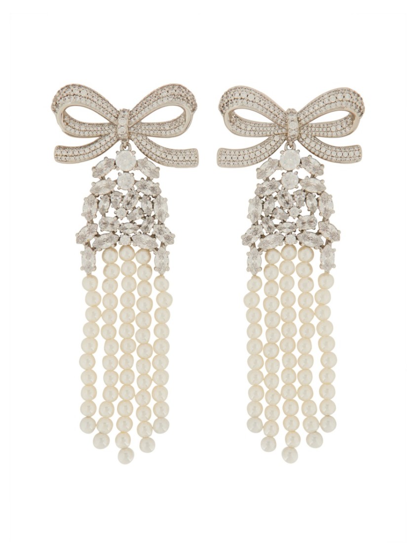 Self-portrait Drop Earrings With Delicate Bow And Pearl Strands In Silver