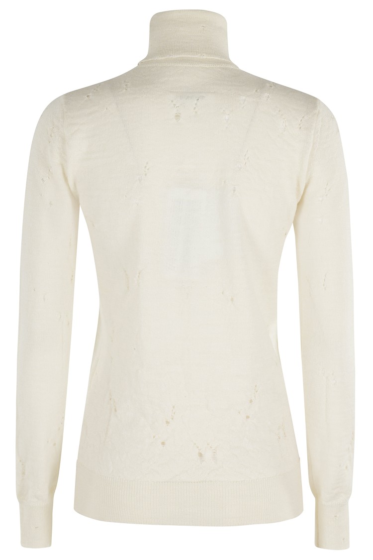 Mm6 Maison Margiela Mm6 By Maison Margiela High-neck Cream Wool Pullover With Numeric Logo In White
