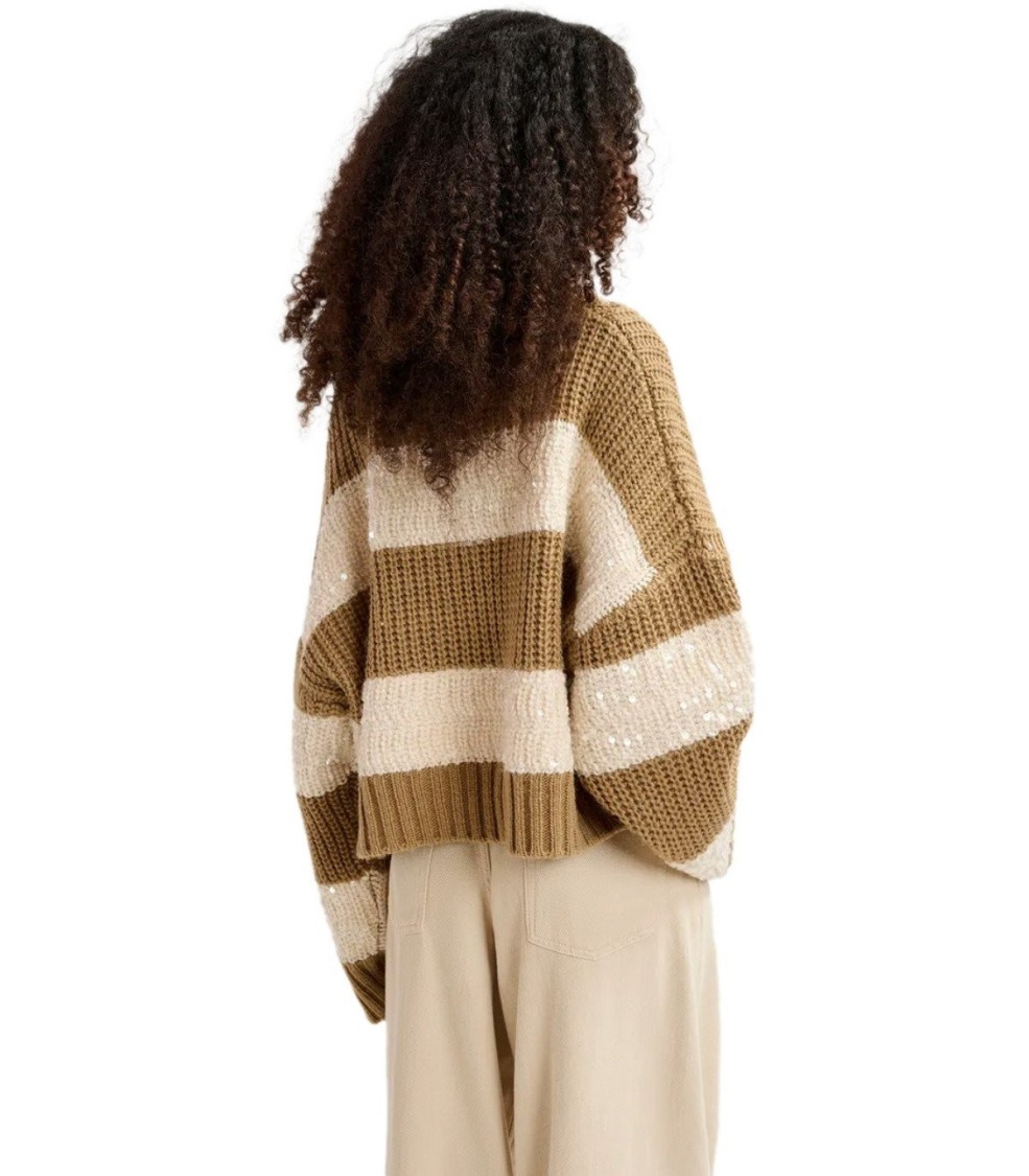 Essentiel Antwerp Group Knit Sequin Sweater In Brown Ecru In Neutrals