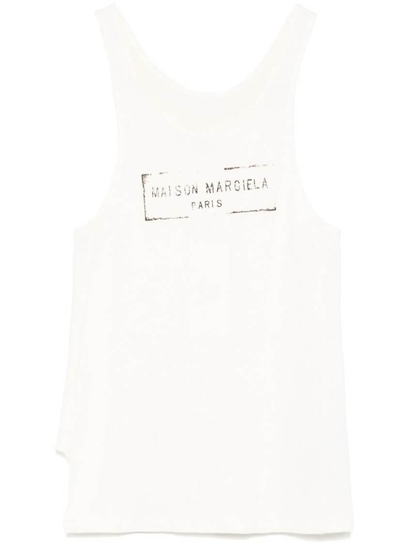 Maison Margiela Beige Top With Wide Neckline And Logo Printed On The Front In Viscose And Cotton Blend Woman In White