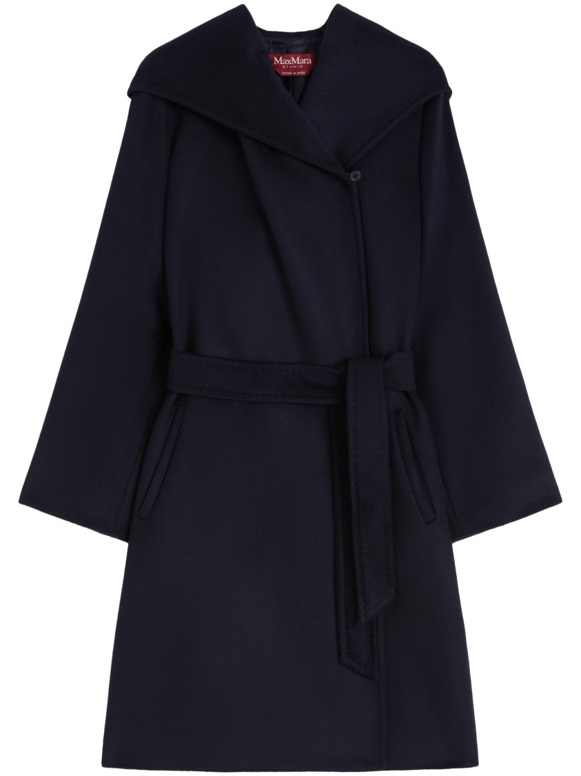 Max Mara Belted Mid-length Blue Coat In Black