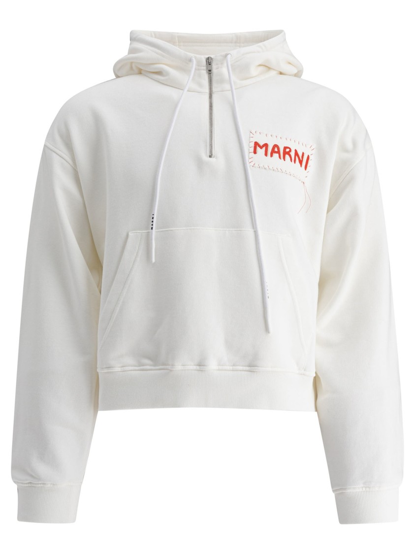 Marni Cropped White Logo Hoodie With Drawstring In White