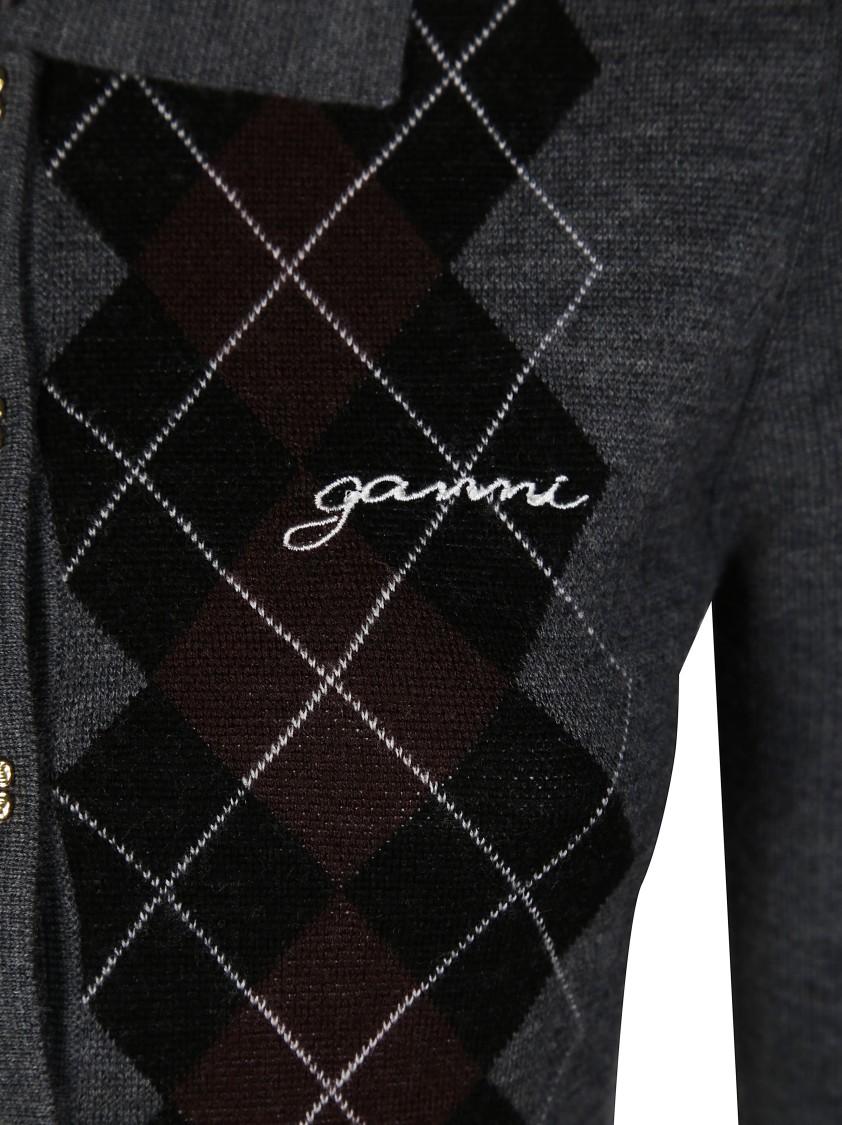 Ganni Grey Sweater With Classic Collar And Check Motif On The Front In Gray