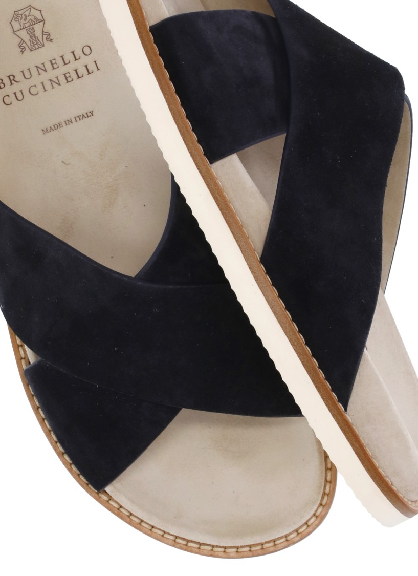 Brunello Cucinelli Black Suede Leather Slippers With Cross-strap Silhouette In Black