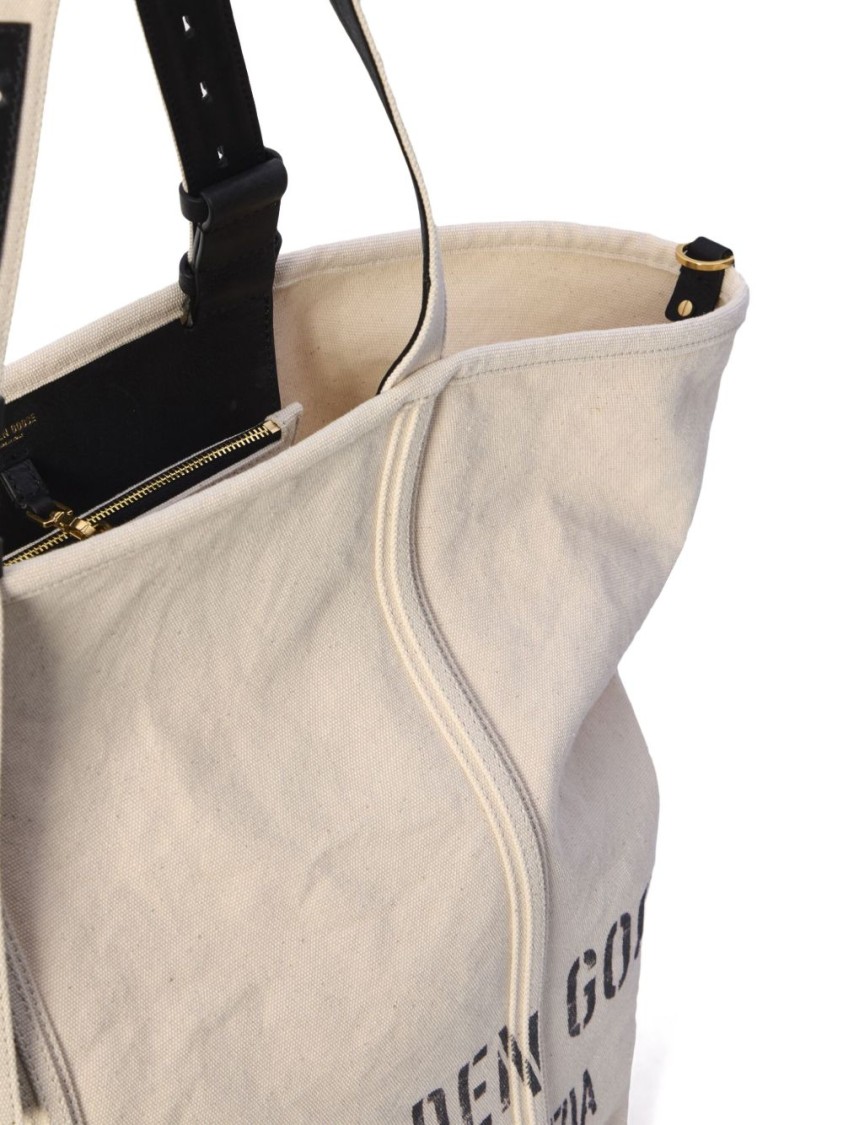 Golden Goose Spacious Beige Handbag With Dual Handles And Adjustable Strap In White