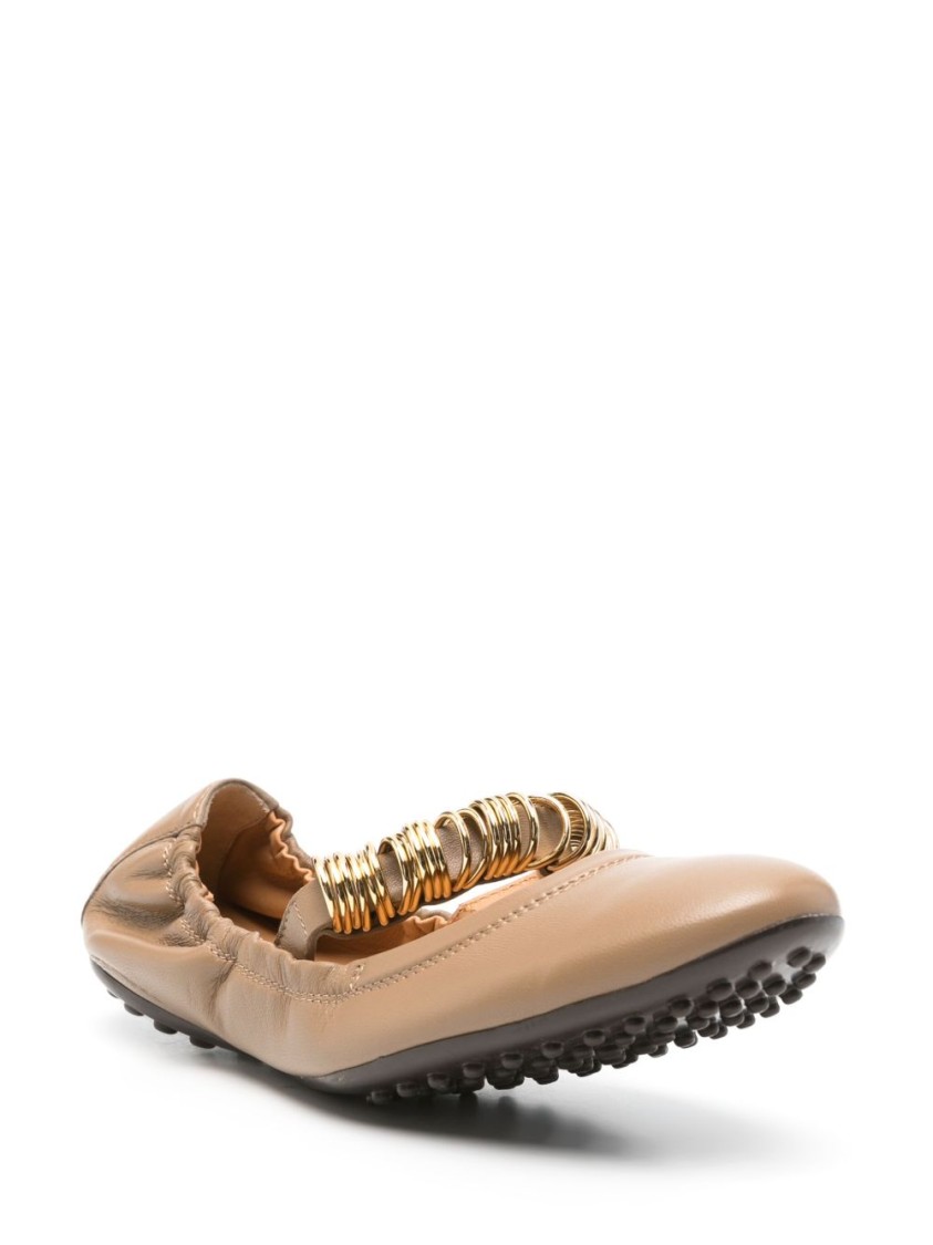 Tod's Metallic Rings Strap Nappa Leather Ballerinas In Neutrals