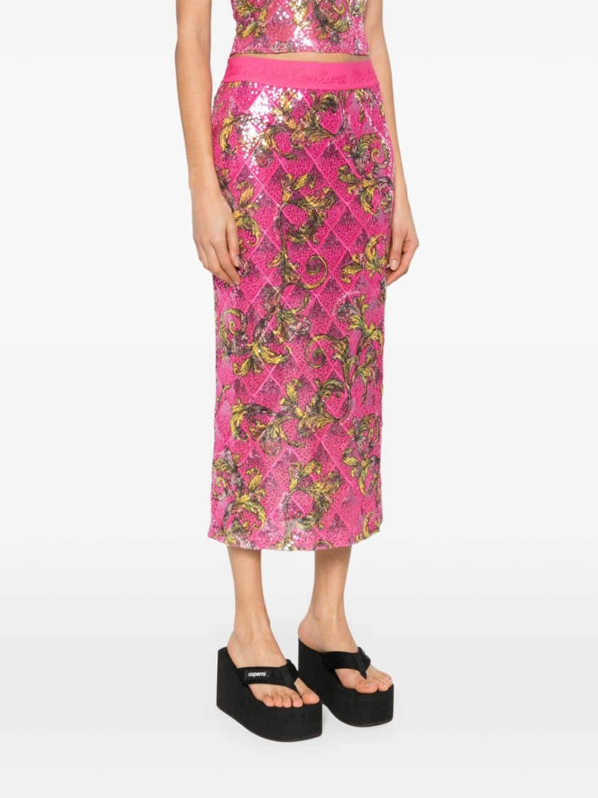 Versace Jeans Couture Fitted Floral Pattern Skirt With Sequined Detailing In Pink