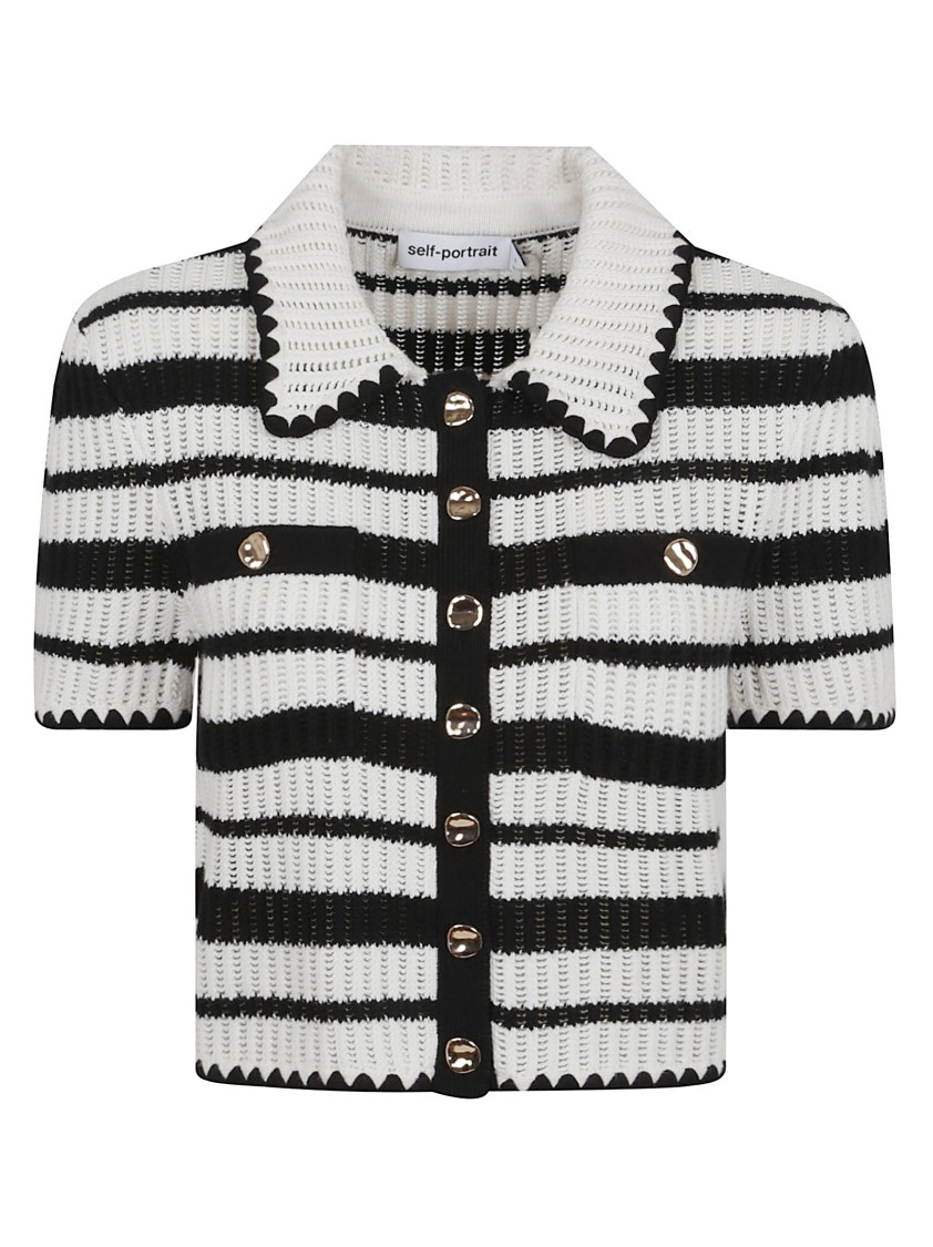 Shop Self-portrait Cream And Black Striped Crochet Top