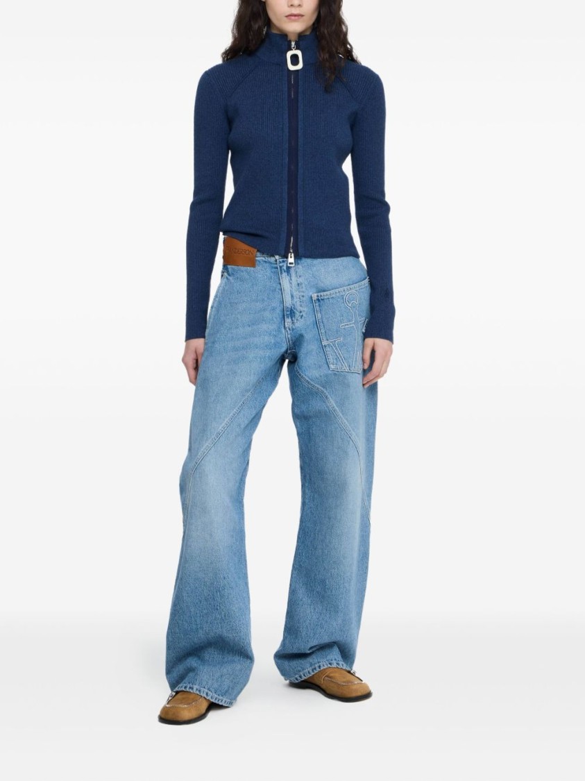 Jw Anderson J. W. Anderson Ribbed Steel Blue Sweater With High Neck In Blue