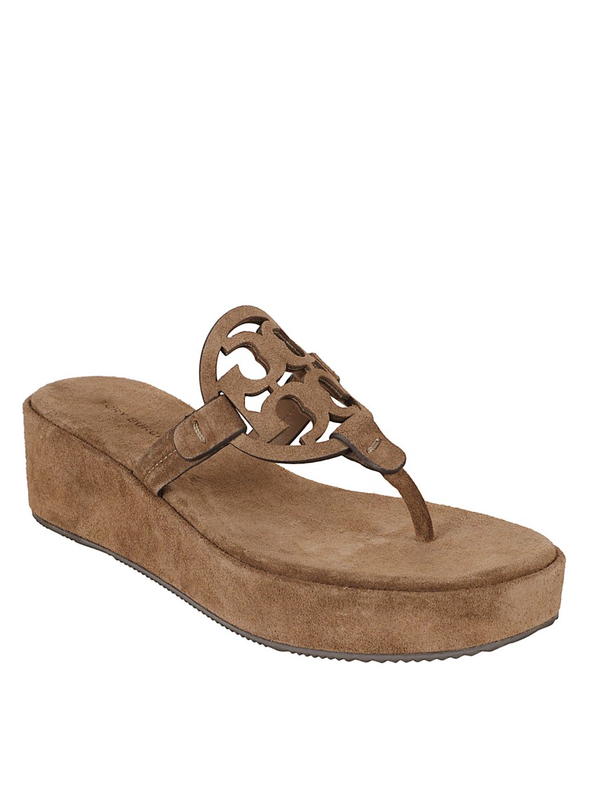 Tory Burch Wedge Sandals With Distinctive Cut-out Logo In Brown