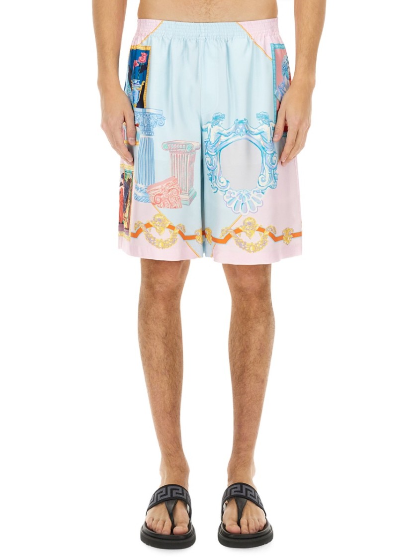 Versace Silk Twill Shorts With Vibrant Classical Motifs In Multicolor