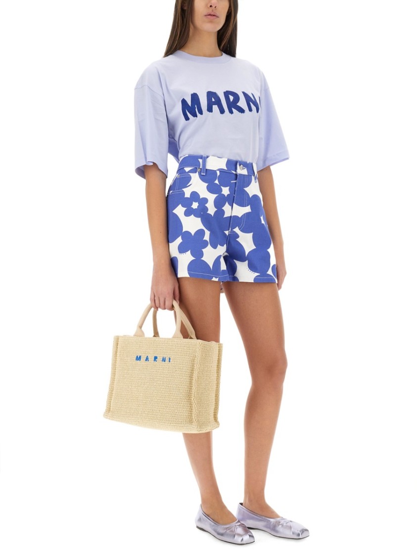 Marni White Cotton Gabardine Shorts With Floral Motif In Blue