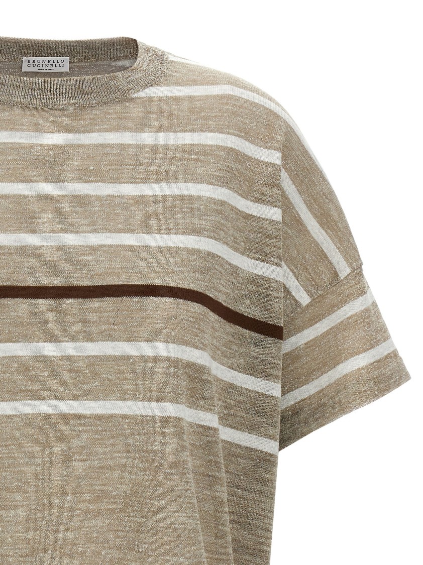 Brunello Cucinelli Beige Lurex Linen Blend Striped Sweater In Brown