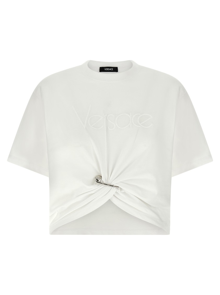 Versace Cropped T-shirt With Twist Detail And Safety Pin Logo In White