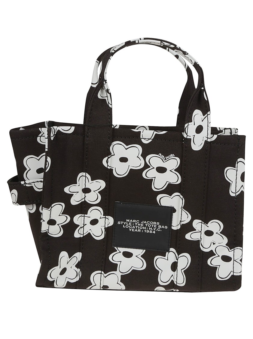 Shop Marc Jacobs Compact Floral Print Tote With Silk-screened Logo In Black