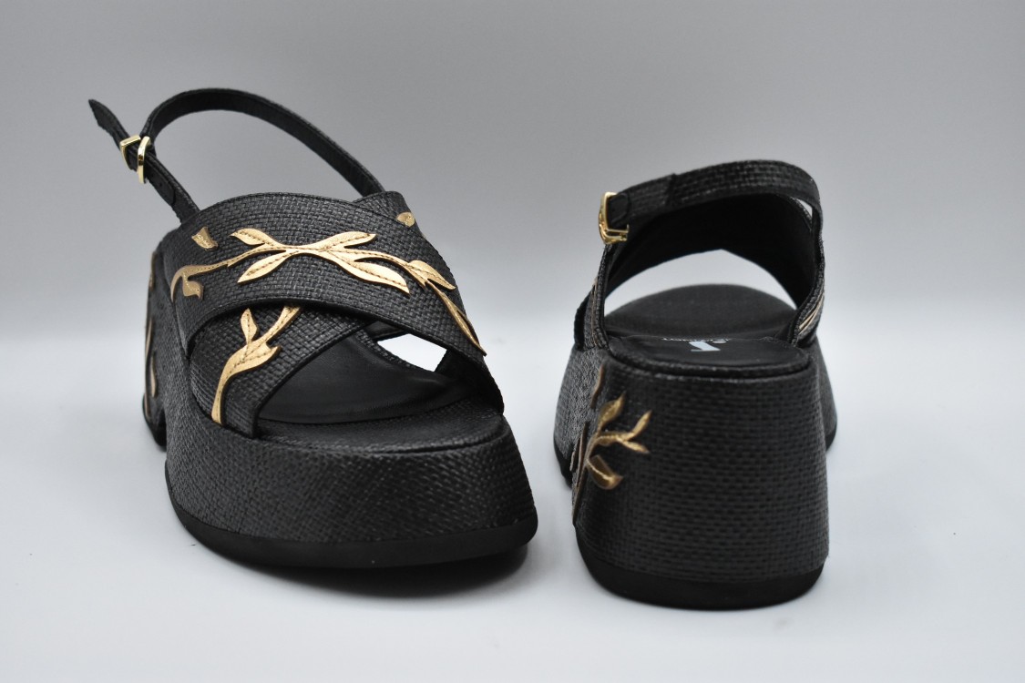 Jeannot Textured Black Wedge Sandals With Gold Leaf Detailing In Black