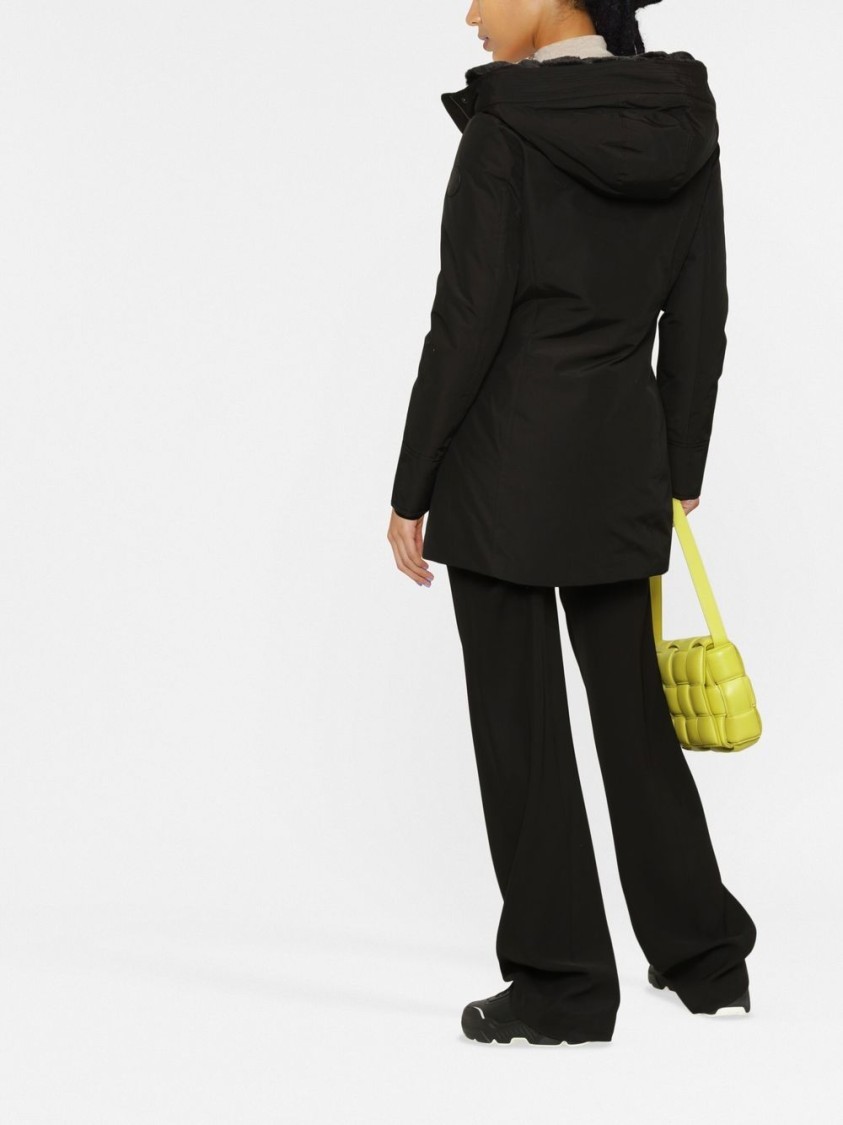 Woolrich Thigh-length Black Coat With Classic Hood And Logo Patch In Black