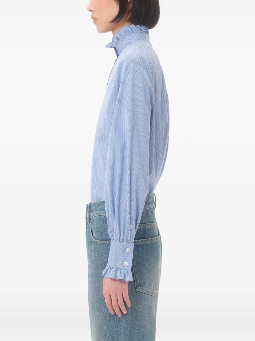 Valentino Classic Striped Cotton Top With Ruffled Collar In Blue