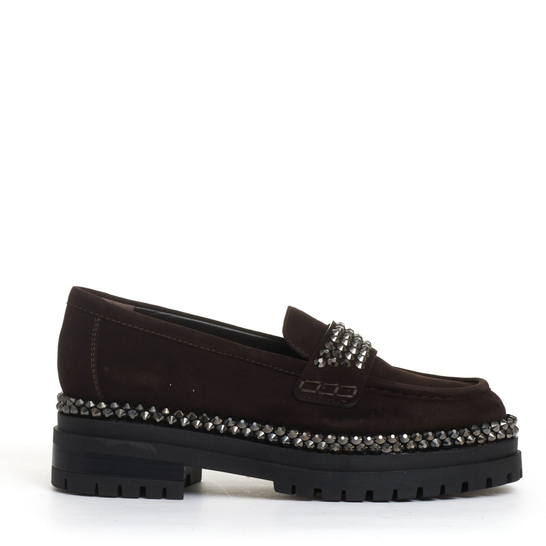 Ninalilou Ebony Suede Moccasin With Dazzling Rhinestone Buckle In Black