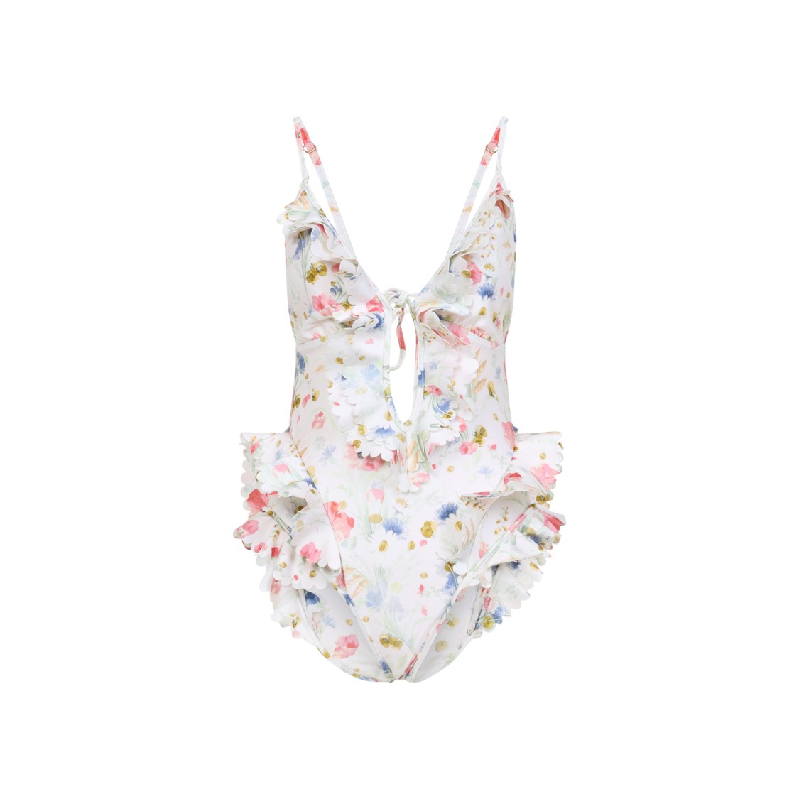 Zimmermann Multicolour Floral Swimsuit With Ruffled Edges And Adjustable Ties In Multi