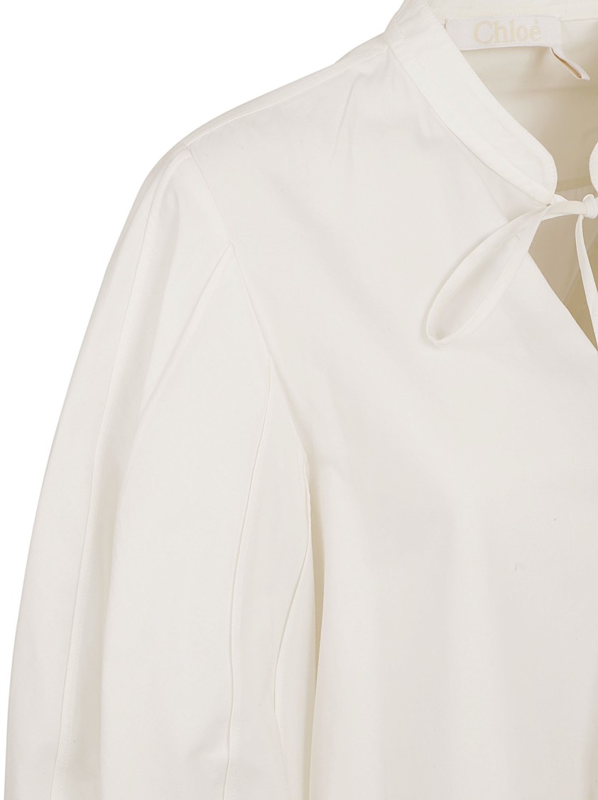 Chloé Cotton Keyhole Puff Sleeve Tie Neck Top In White