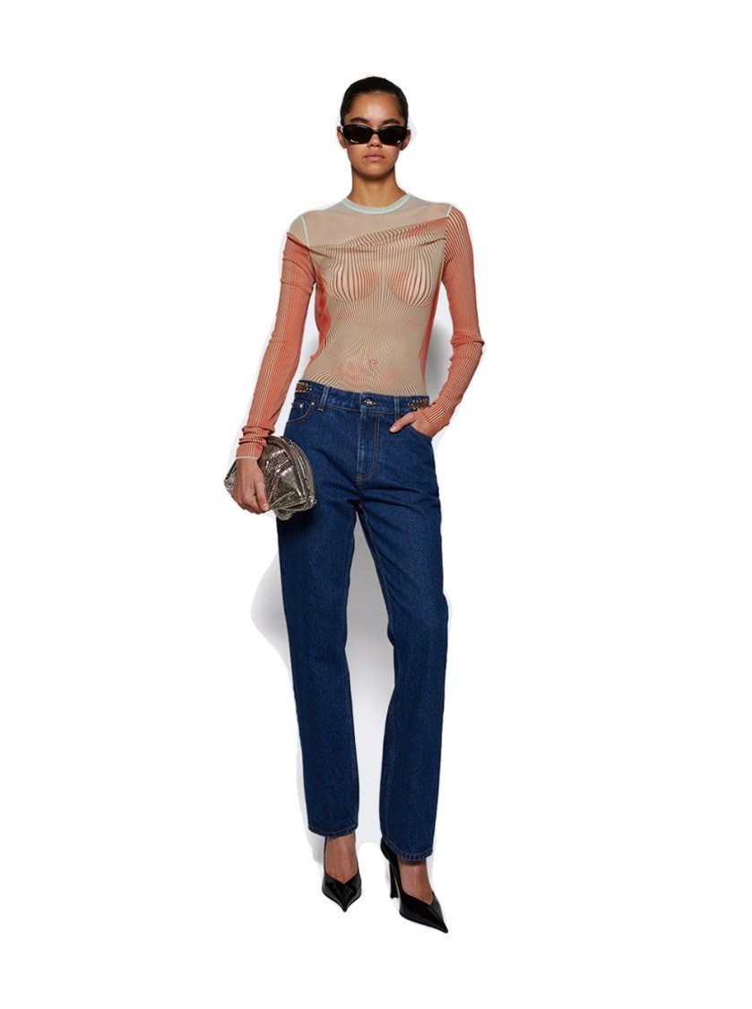 Shop Jean Paul Gaultier Double Layer Pinstripe Body Morphing Bodysuit Mint And Coral In Orange