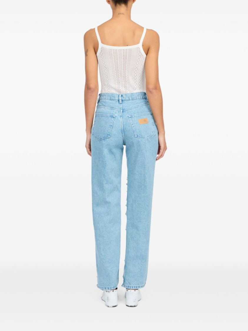 Mm6 Maison Margiela Mm6 By Maison Margiela Distressed Straight Leg Denim Jeans With White Stitching