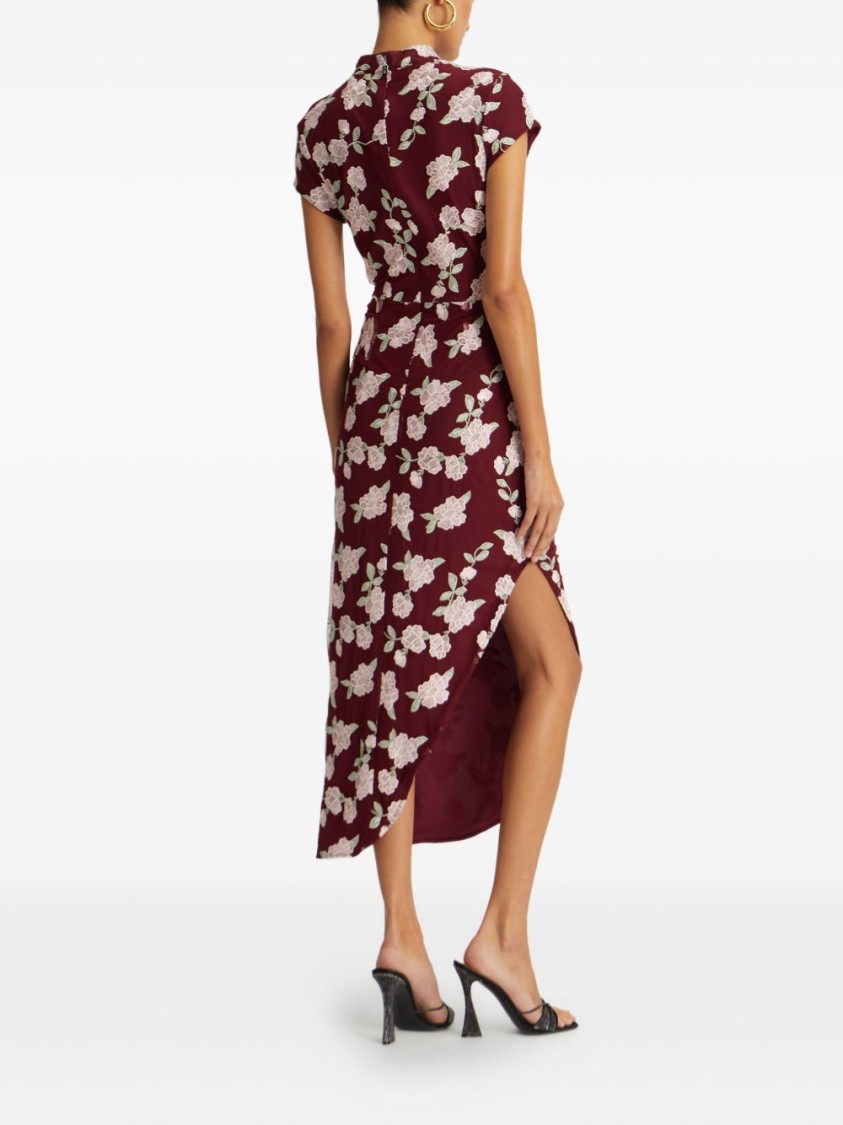 Rotate Birger Christensen Rotate Asymmetric Red Dress With Floral Embroidery And Short Sleeves In Red