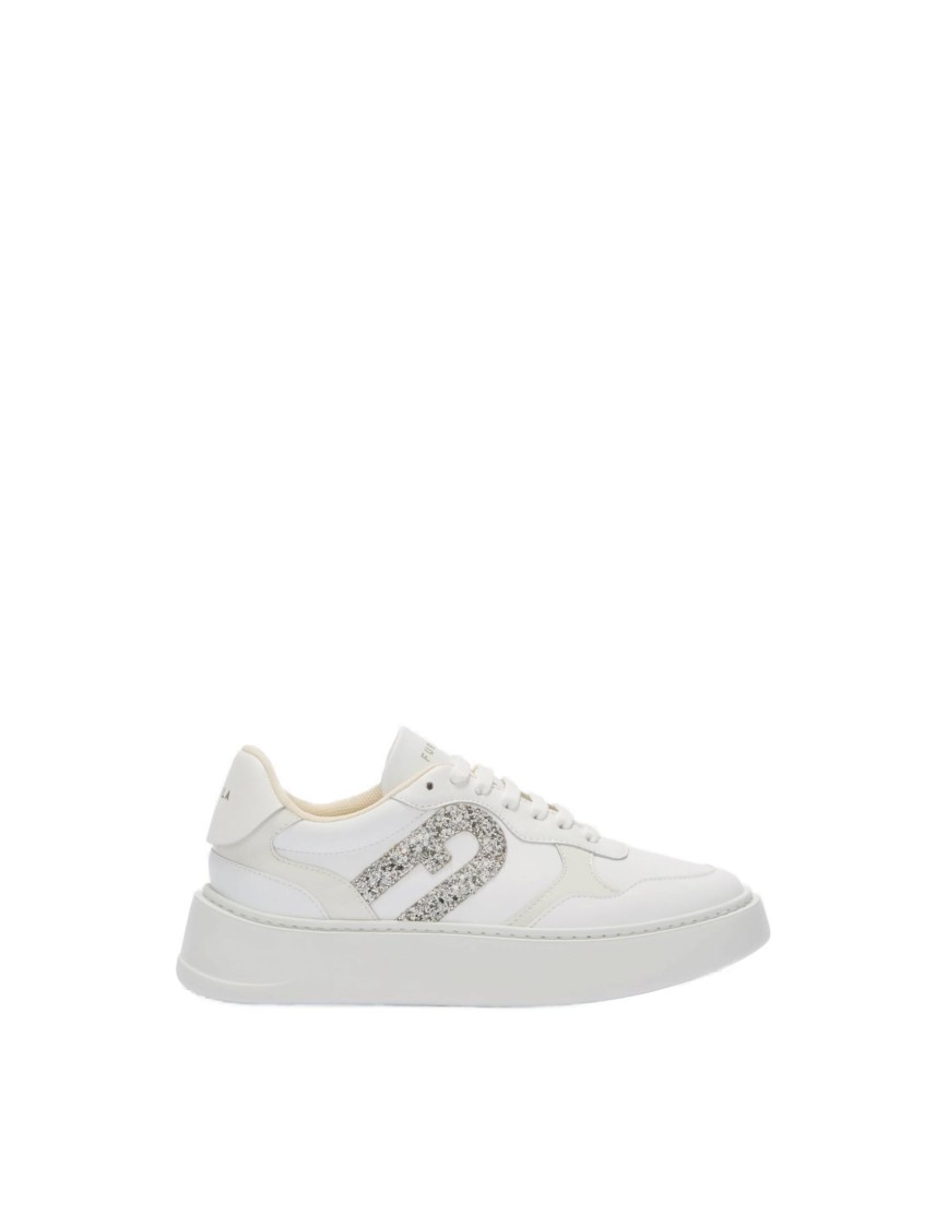 Furla Lace-up Leather Sneakers With Glitter Logo Detail In White