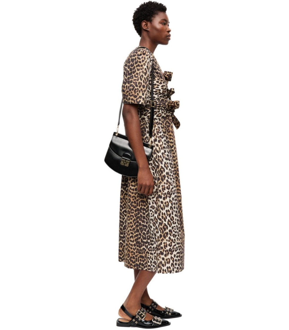 Ganni Leopard Print Cotton Midi Dress In Animal Print