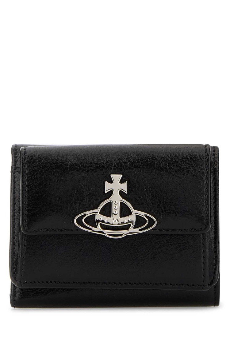 Vivienne Westwood Compact Black Leather Wallet With Silver Metal Emblem In Black