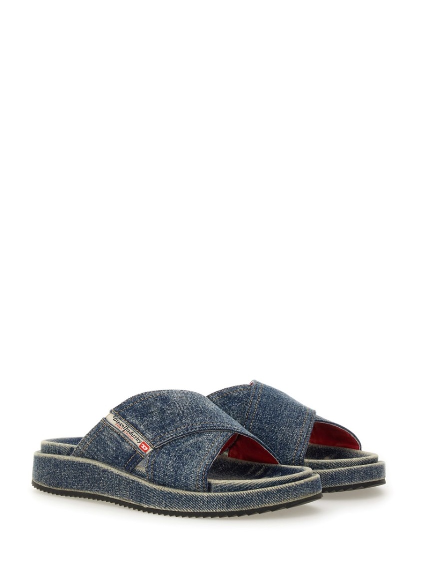 Diesel Sa-slide-denim Slides With Criss-cross Straps In Blue
