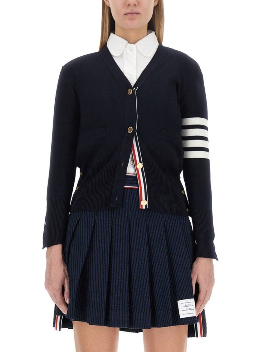 Thom Browne V-neck Virgin Wool Cardigan With Striped Detailing In Blue