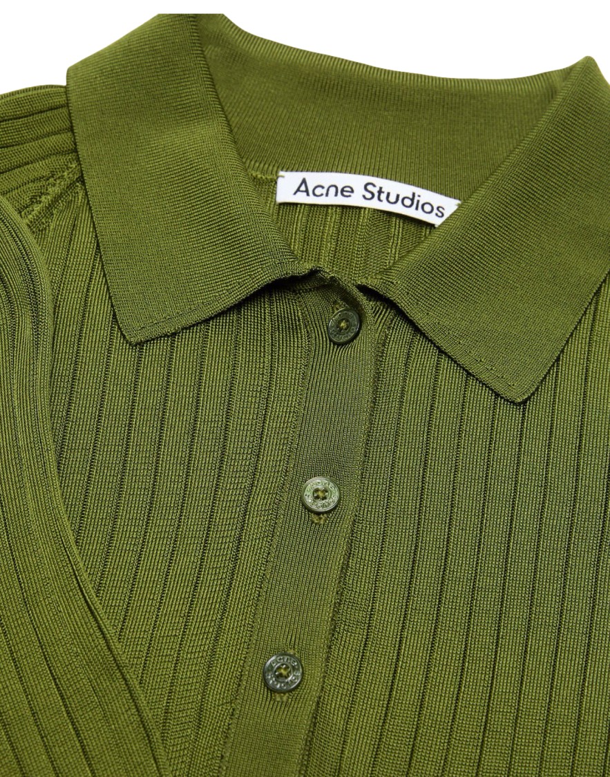 Acne Studios Ribbed Silk Polo With Classic Collar In Green