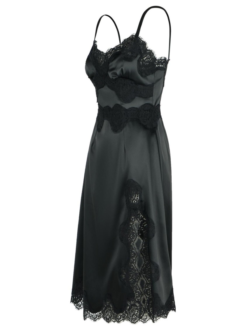 Dolce & Gabbana Lace Trim Satin Dress With Spaghetti Straps In Black