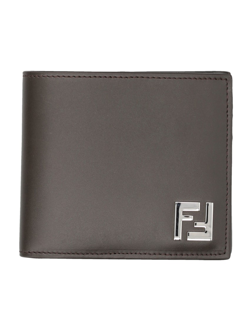 Fendi Ff Squared Bi-fold Wallet With Metal Motif In Gray