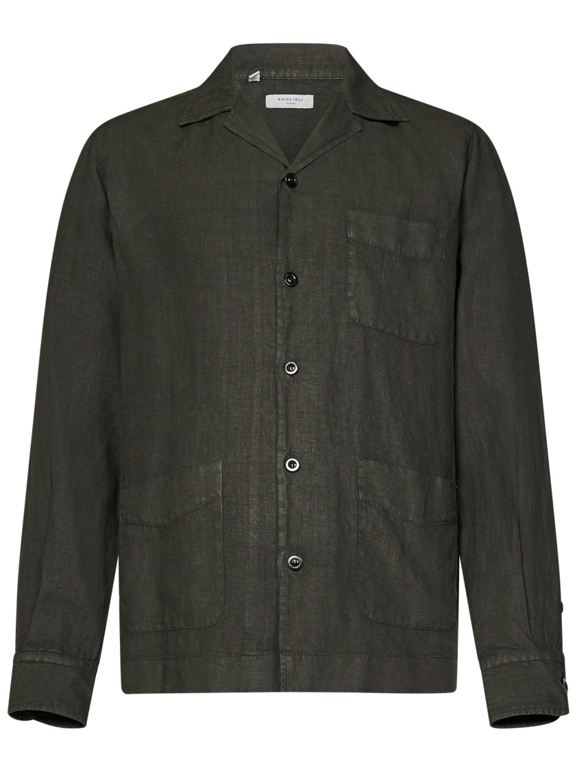 Boglioli Green Linen Overshirt With Bowling Collar In Green