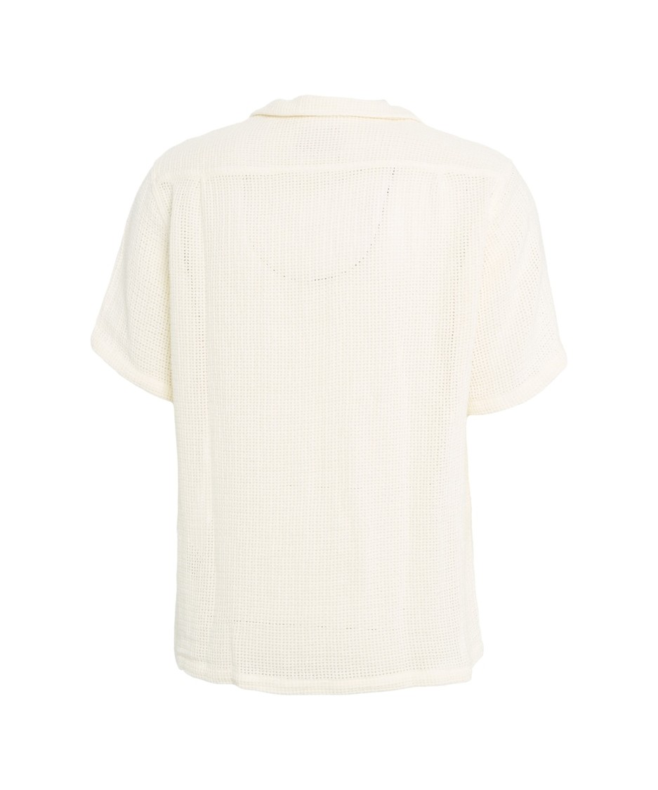 Shop Portuguese Short-sleeve Semi-transparent Crochet Shirt With Notched Lapels In Neutrals