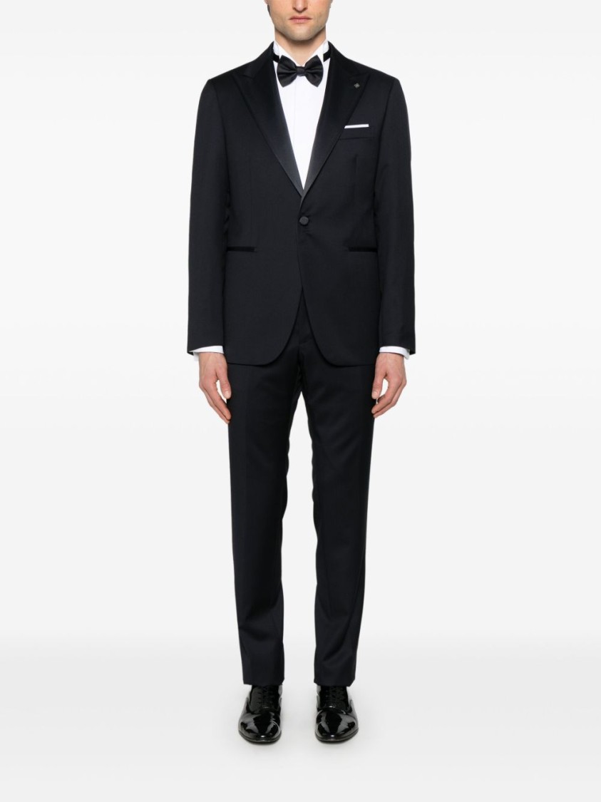 Shop Tagliatore Navy Blue Suit Jacket In Black