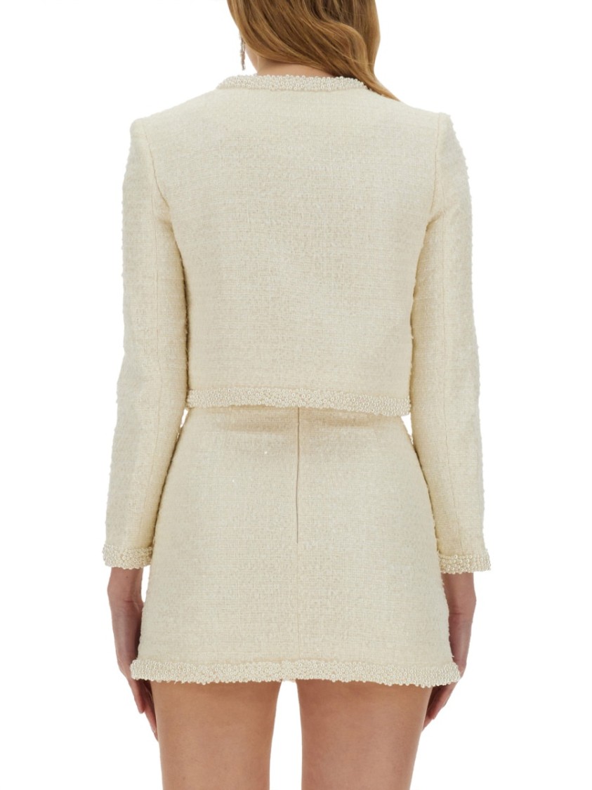 Shop Self-portrait Boucle Jacket With Pearls In Neutrals