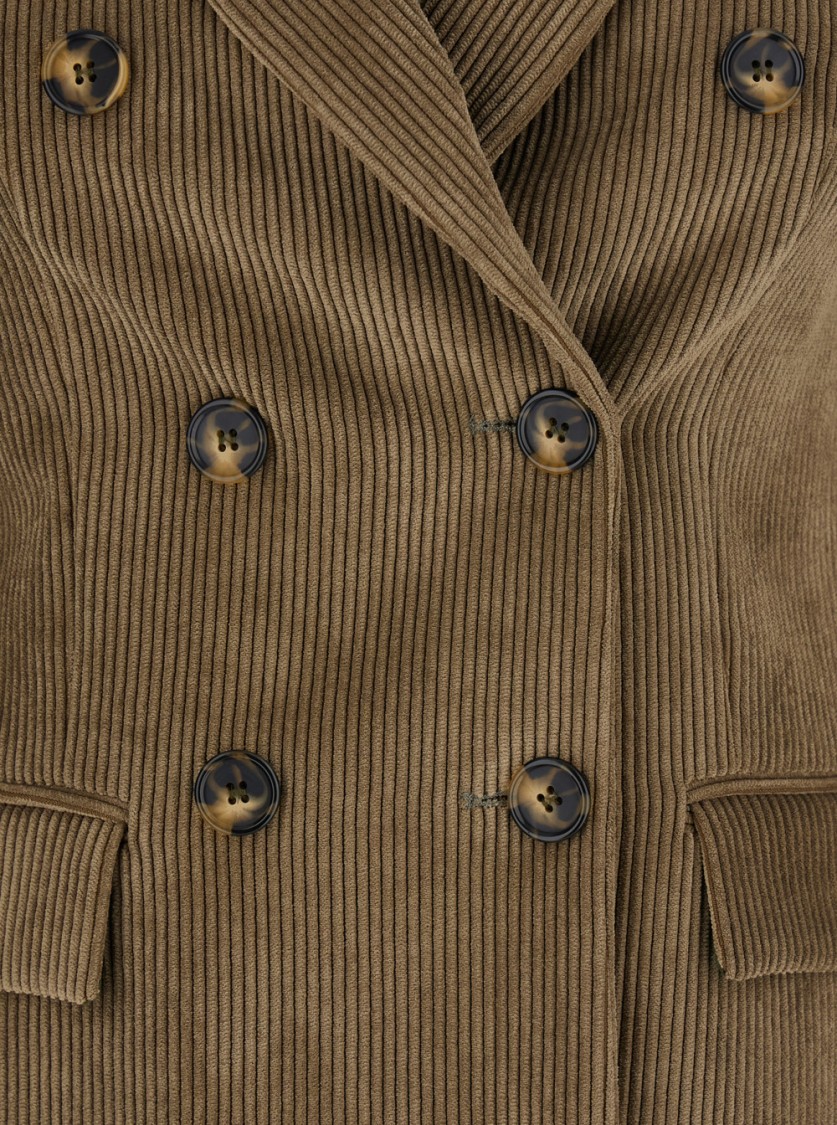 Plain Brown Double-breasted Jacket With Peak Revers In Courduroy Woman In Brown