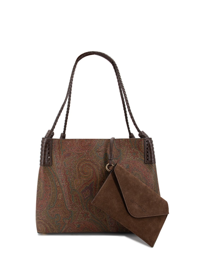 Etro Brown Leather Bag With Paisley Print And Internal Clutch