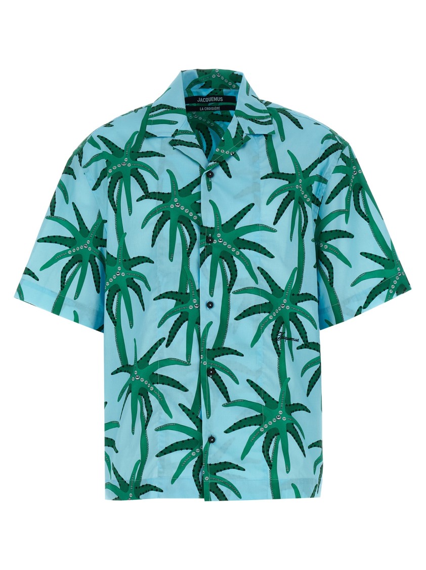 Jacquemus 'la Chemise Jean' Light Blue Shirt With Notched Collar And All-over Palm Tree Print In Blue