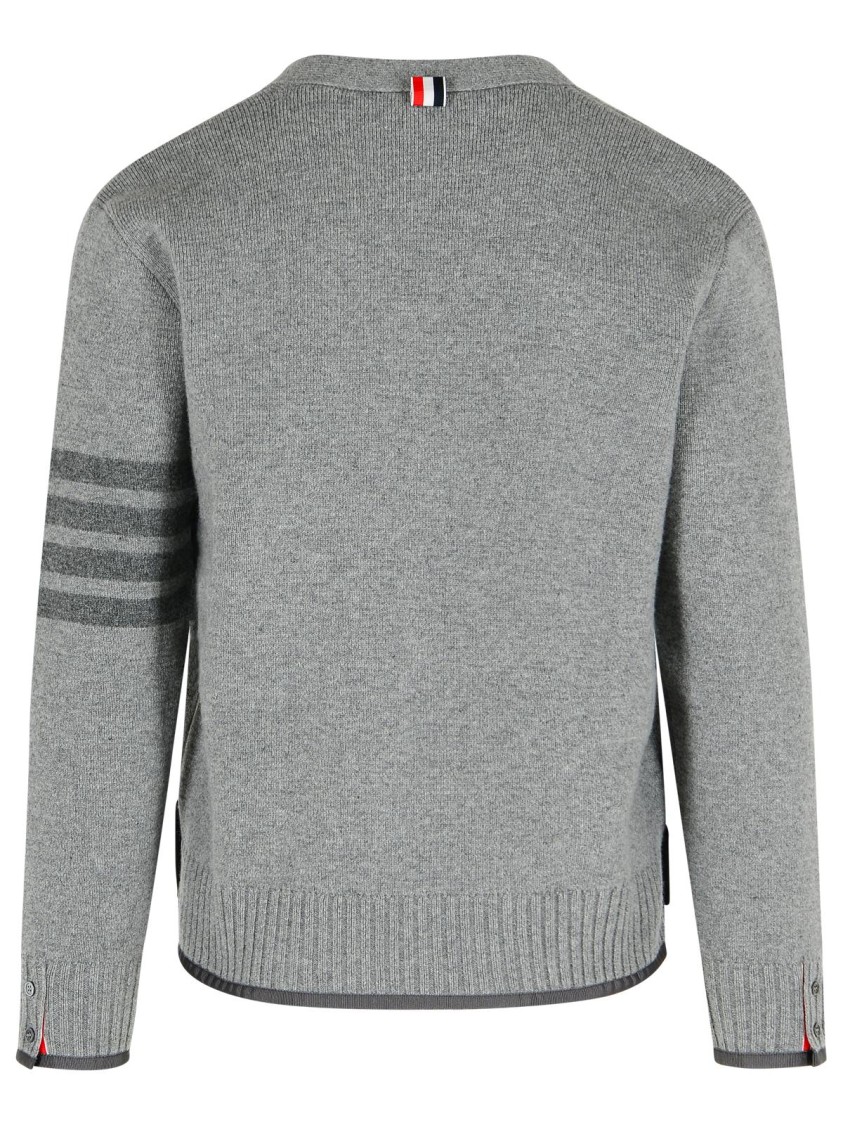Thom Browne Grey Cardigan With V Neck And Striped Detail On The Sleeve In Wool Man